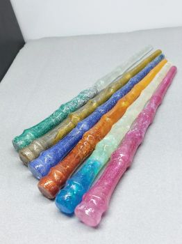 Wands (Shape n3) Different Colors Ready to Go & Custom Made - Sceptre, Staff, Bâton Magique Made with resin from a Carved Wooden Magic Stick
Cast in resin dyes/mica powder (and sometimes with glitter, foil flakes, gems..). 
Size: about 25-26cm length.
🔮 Allow for some color diference
🌟 POSTAGE NOTE: as lately the post have not been treating the packets correctly. I have decided that the Wands will have to be sent with registered post.