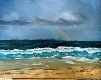 Original Irish Seascape Oil Painting: Rainbow Over Atlantic Ocean (18"x14")