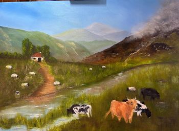 Countryside Oil Painting: Farm Animals, River Landscape, Handmade Artwork (28x20)