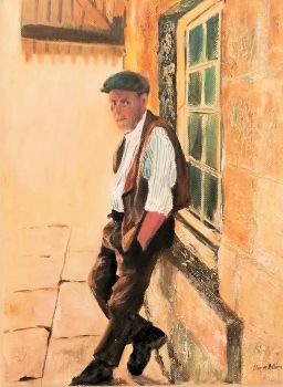 Character study of a man propping up the village wall as he keeps an eye on things
Original painting in oils framed in a white floating frame measuring 13" x 15"
free shipping within Ireland
 