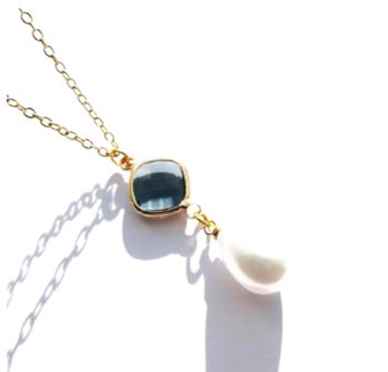 Handmade pendant, created with a beautiful gold framed faceted glass bead in graphite and a faux pearl drop, suspended from a stainless steel fine chain in gold. The drop on this pendant is approx. 3.8cm/1.5ins .. the chain is approx. 45.7cm/18ins in length, plus extension chain approx. 5cm/2ins. Lightweight, elegant and easy to wear.. Enchance your look with this beautiful piece&hellip; It arrives in a pretty organza bag, and has free shipping!
