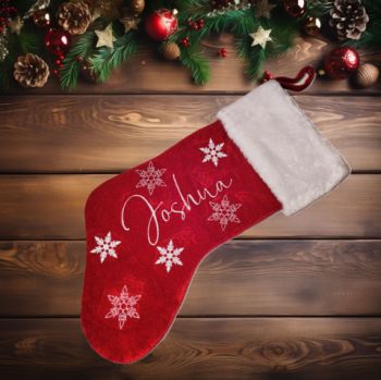 Red Plush Christmas Stocking personalised with a name of your choice in white glitter.&nbsp;&nbsp;