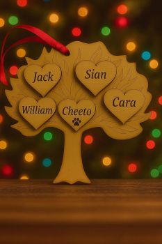 A great family festive gift Personalised with with family and pets names and optional paw and finished in festive ribbon ready to hang on your tree.