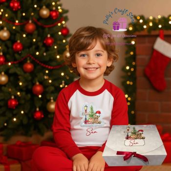 Toy Show Pajamas
100% cotton with a soft a cosy feel.&nbsp; Personalised with a name to match our lovely&nbsp; Candy Cane Lane Range with matching Giftbox, galaxy Bars, Cups and Cards
available in sizes 0-10 years.&nbsp; Matching items also available