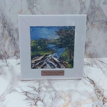 Sneem Bridge View, A palette knife Oil on Canvas panel original miniature, 4" x 4" (102mm x 102mm)