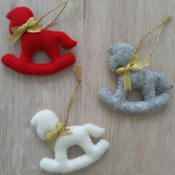 Set of 3 Handsewn felt rocking horse &mdash; a timeless Christmas keepsake in red, creamy white or marl grey.