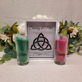 Celtic Knots Wood Sand Ceremony Set
Celtic Knots Wood Sand Ceremony Set, which includes: 6.5″ x 8.5″ (165mm X 215mm) Wood Box, Two 6.5″ (165mm) tall glass pouring containers. 700g of sand in your choice of 2 colors, (350g of each color)