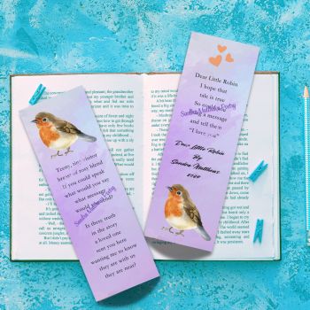 Robin Poetry Bookmark with tassle.&nbsp; Encouraging gift. 6" x 2" 400 gsm.&nbsp;&nbsp;
Tassle colours may vary.
Comforting original verse from Irish poet, Sandra Matthews.