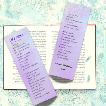 Life After Poetry Bookmark with tassle.&nbsp; Encouraging gift. 6" x 2" 400 gsm.&nbsp;&nbsp;
Tassle colours may vary.
Bereavement, Christmas original verse from Irish poet, Sandra Matthews.