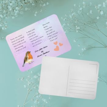 Robin Poetry Postcard.&nbsp; Bereavement gift. 5.75" x 4.1".
Poetry on one side. Standard postcard format on other side.
Original verse from Irish poet, Sandra Matthews.