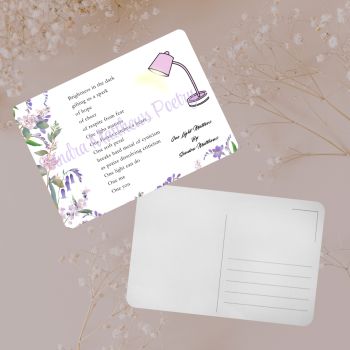 One Light Matters Poetry Postcard.&nbsp; Encouraging gift. 5.75" x 4.1".&nbsp;
Poetry on one side. Standard postcard format on other side.
Original verse from Irish poet, Sandra Matthews.