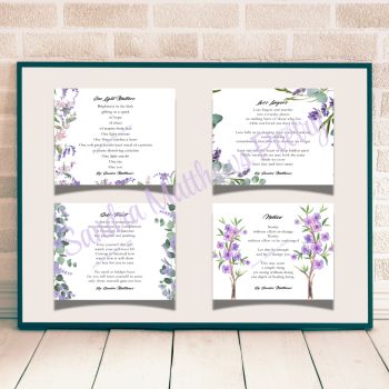 Four Poetry Cards. Thoughtful&nbsp; Gift.&nbsp; 4.3" x 5.5".
Poetry on front. Blank inside and back.&nbsp; Comes with white envelope.
Original verse from Irish poet, Sandra Matthews.