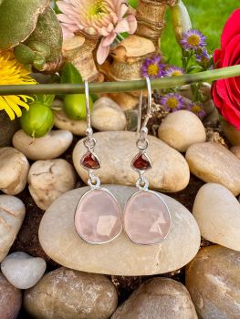 Trillian Cut Garnet and Faced Rose Quartz Long Drop Sterling&nbsp;Silver EarringsMaterial: Sterling SilverGem: Rose Quartz,GarnetEarring Size: 43mm x 13.3 mm