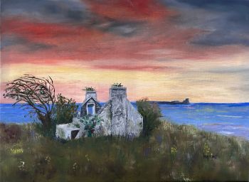 Original Irish Landscape Oil Painting: Farmhouse Ruin near the Atlantic Ocean | Cottage Art (16x12)