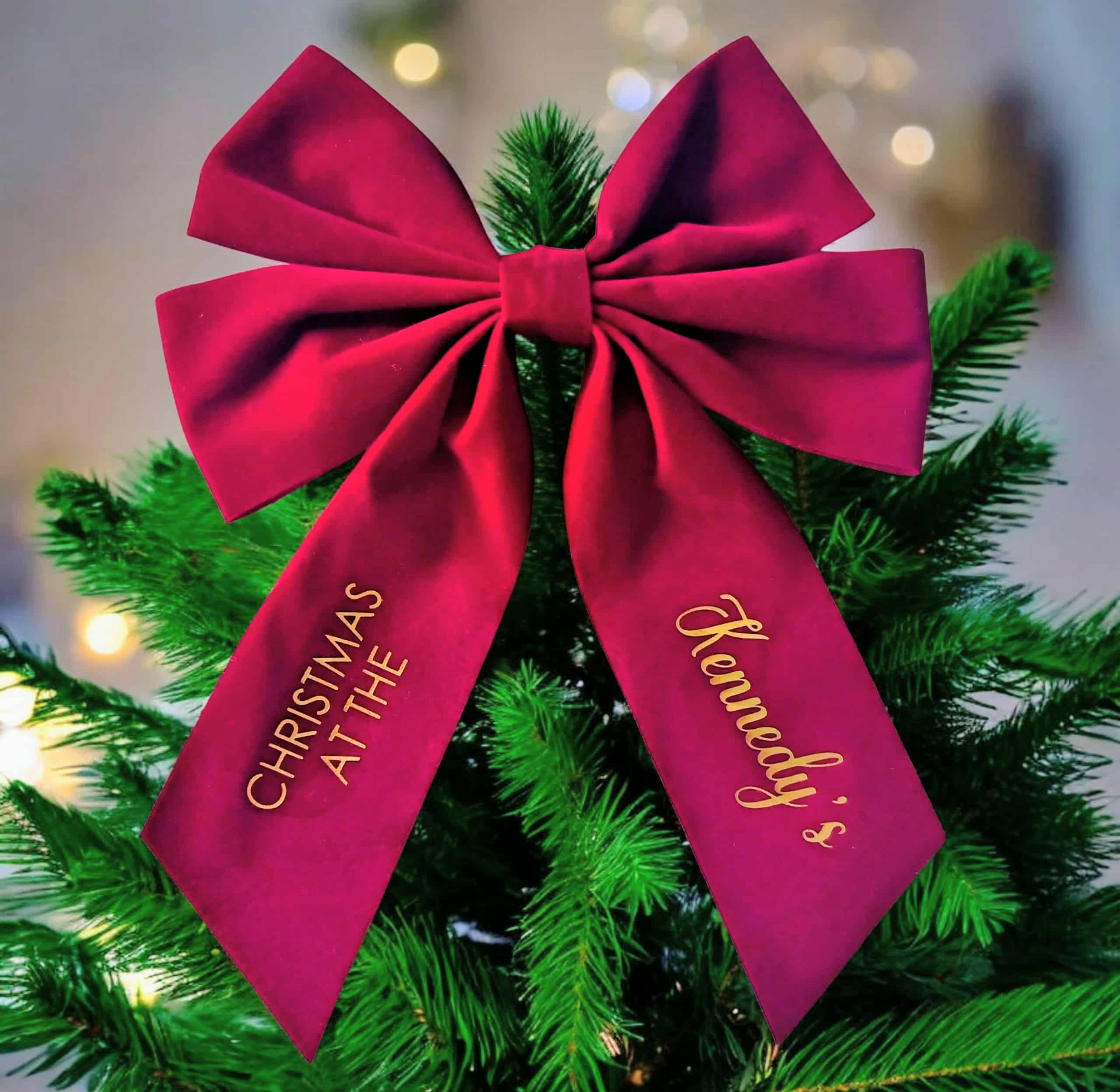 Beautiful Personalised Red Velvet Bow Christmas Tree Topper Decoration