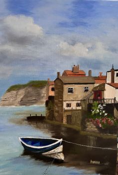 Original Oil painting Blue Boat on Staithes on canvas board 10"x14"