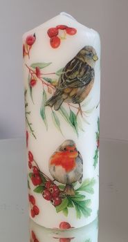 Bring festive charm to any space with this handmade birds pillar candle. Standing 15cm tall with a 7.5cm diameter and 70+ hours burn time, it&rsquo;s perfect for creating a cozy atmosphere. Featuring beautiful birds, this candle makes a beautiful gift or a treat for yourself.&nbsp;Each piece is crafted with love by Mariyas Creations, adding a touch of handmade magic to your home.