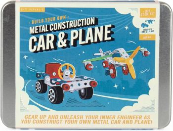 Build your own car and aeroplane with this colourful 60-piece DIY STEM kit. 
Includes all tools, parts, and full instructions. 
Packed in a portable storage tin. 
Ideal for young engineers aged 6+.
&nbsp;