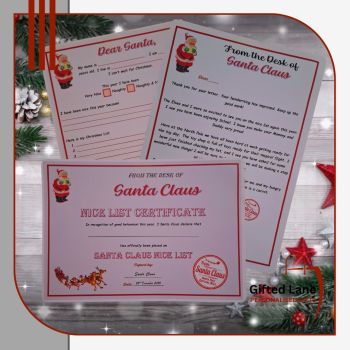 Personalised Santa Letter Package is a Letter where a child can write to santa with their Christmas Wish list, it also includes a letter from Santa thanking the child for their letter, also includes A Santa Claus Nice List Certificate. Another special personalised gift from Gifted Lane. Remember a personalised gift from Gifted Lane is always a special gift