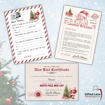 Personalised Santa Letters and&nbsp; Nice List Cert Package is a Letter where a child can write to Santa with their Christmas Wish List, it also includes a letter from Santa thanking the child for their letter, also includes A Santa Claus Nice List Certificate. Another special personalised gift from Gifted Lane. Remember a personalised gift from Gifted Lane is always a special gift
