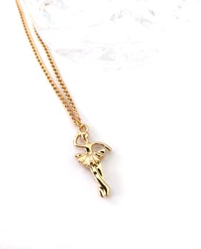 A beautiful antique gold polished ballerina pendant, suspended from a gold plated chain ... the ballerina is approx. 2.6cm/1.02ins in length, the chain can be worn at 40.6cm/16ins or 45.7cm/17ins.&nbsp; A gorgeous little childrens pendant, perfect for gifting/stocking fillers.&nbsp; It arrives in a pretty organza bag, and has free shipping!