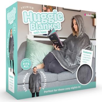 Stay warm and cosy with the #winning Grey Huggie Blanket &mdash; a one-size-fits-all wearable fleece blanket with a hood, large front pocket, and machine-washable design for everyday comfort.
&nbsp;