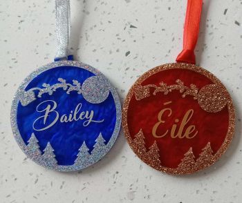 Personalised Santa Christmas Tree Bauble Decoration Blue Silver Red Gold Sleigh