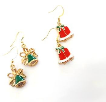 Two pairs of cute earrings with Christmas bells in gold, red and green, suspended from gold plated, nickel free ear hooks.&nbsp; Lightweight and easy to wear, great for Christmas parties/gifting/stocking fillers.... They arrive in a pretty organza bag, and have free shipping!