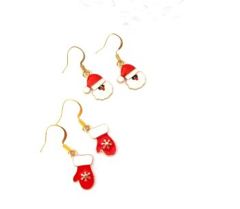 Two pairs of cute earrings with Santas and mittens in gorgeous red, white and gold, suspended from gold plated, nickel free ear hooks.&nbsp; Lightweight and easy to wear, great for Christmas parties/gifting/stocking fillers.... They arrive in a pretty organza bag, and have free shipping!
