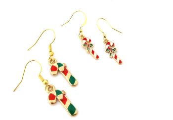 Two pairs of cute earrings with Candy Canes in gorgeous red, white, green and gold, suspended from gold plated, nickel free ear hooks.&nbsp; Lightweight and easy to wear, great for Christmas parties/gifting/stocking fillers.... They arrive in a pretty organza bag, and have free shipping!