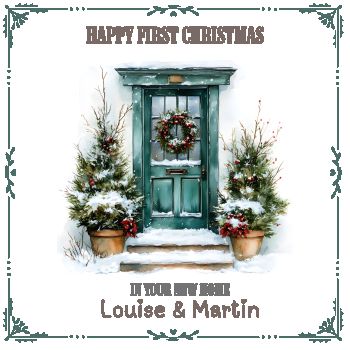 Celebrate a truly special milestone with this beautifully personalised&nbsp;First Christmas in Their New Home&nbsp;card. Featuring a charming Christmas front door design and printed on luxurious linen-textured card, this keepsake is perfect for marking such a meaningful festive season.Customisable with names, it&rsquo;s a thoughtful way to make Christmas feel even more magical for the special people in your life.&nbsp;Choose from several designs and a variety of coloured doors to create the perfect personalised card.