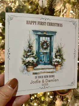 Celebrate a truly special milestone with this beautifully personalised&nbsp;First Christmas in Their New Home&nbsp;card. Featuring a charming Christmas front door design and printed on luxurious linen-textured card, this keepsake is perfect for marking such a meaningful festive season.Customisable with names, it&rsquo;s a thoughtful way to make Christmas feel even more magical for the special people in your life.&nbsp;Choose from several designs and a variety of coloured doors to create the perfect personalised card.