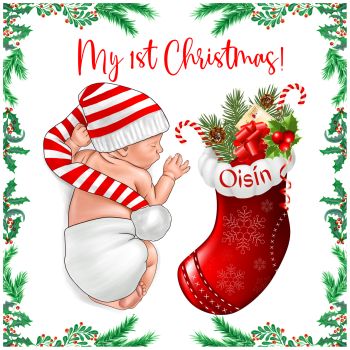 Celebrate the magic of a little one&rsquo;s very first Christmas with this beautifully designed card, featuring a newborn snuggled in a long knitted hat and a festive stocking filled with holiday treasures. Perfect for gifting to family and friends or adding to a keepsake collection, this card captures the wonder and warmth of the season&rsquo;s most precious moments.