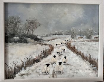 Sheep on the road | Oil Painting: Snowy Landscape Art on board Framed (15"x12")