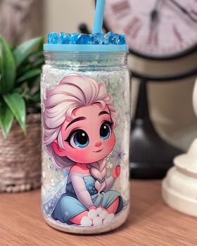 A magical 16oz acrylic glitter tumbler featuring a cute ice princess and a handmade crystal-style topper. Perfect for kids, winter gifts, and sparkle lovers.