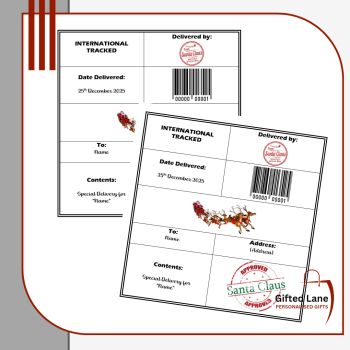 Check out our stick on Santa Delivery Labels. Each pack contains 4 labels. And can be peronalised with the child name and address to show that Santa has delivered their presents to their address. Another special personalised gift from Gifted Lane. Check out our store today and see, like, comment and review on our full range of personalised gifts from Gifted Lane. Remember a personalised gift from Gifted Lane is always a special gift.