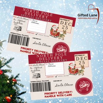 Check out our Stick on Santa Delivery Labels. Each pack contains 2 A5 Size Labels. And can be peronalised with the child name and address to show that Santa has delivered their presents to their address. Another special personalised gift from Gifted Lane. Check out our store today and see our full range of personalised gifts from Gifted Lane. Remember a personalised gift from Gifted Lane is always a special gift.