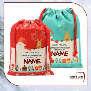 Personalised Pre Printed Christmas Santa Sacks is a way to personalise and present a gift to a child from yourself or from Santa Claus this Christmas or just to decorate any home for a special time of the year. These Santa Sacks are green or red in colour and come with a pre printed design when can be further personalised with any picture or text on them in the white area of the sack on both sides of the Santa Sack. Another special personalised gift from Gifted Lane and would make an ideal present for someone special this Christmas.