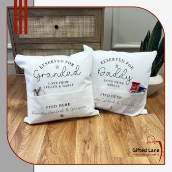 Always loosing the TV remote, your glasses or even like to keep your favourite book beside you or do you like to hide some treats while looking at TV. Check out our personalised cushions with a pocket which all can personalised with any pictures or text on them and is a nice present for someone special for their Birthday, Engagements, Wedding, Christmas, Mothers Day or Father's Day or just a special gift for a memory or just a treat for yourself. Another special personalised gift from Gifted Lane. Check out our store today and see, like, comment and review on our full range of personalised gifts from Gifted Lane. Remember a personalised gift from Gifted Lane is always a special gift.