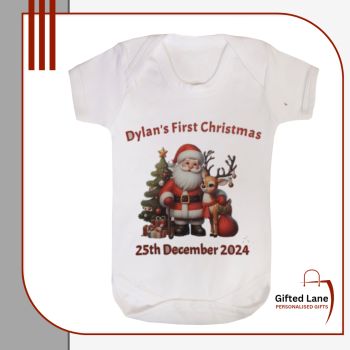 Personalised Christmas Baby Vest are a fun and unique clothing for a baby Christmas dress up or even a Baby First Christmas. They are available in sizes from newborn right up to 24 months.&nbsp;They are white in colour and can be personalised with any pictures and text on them. Another special personalised gift from Gifted Lane.