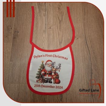 Personalised Christmas Baby Bib are a fun and unique clothing for a baby Christmas dress up or even a Baby First Christmas. They are available with 4 different trims colours with red, yellow, blue or pink and can be personalised with any pictures and text on them. Another special personalised gift from Gifted Lane.