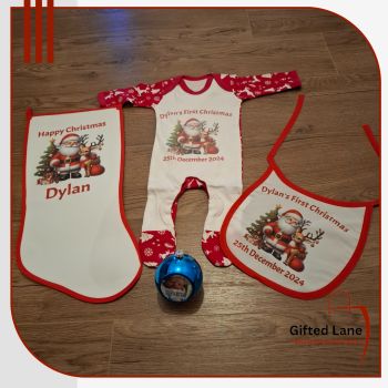 Celebrate a child First Christmas with the ultimate My First Christmas Personalised&nbsp; Baby Package&nbsp; which are a fun and unique gift for a baby Baby First Christmas. Each Package contains a personalised Baby Bib,&nbsp; Baby Vest, Christmas Stocking and a Christmas Tree Bauble. Another special personalised gift from Gifted Lane.