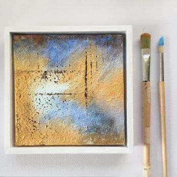 A contemporary, gold and blue, original abstract painting. This abstract painting is painted on a stretched canvas. It is not a print. The surface of the painting is textured and it is varnished. The muted colours of this original abstract painting would make a wonderful housewarming gift or Christmas present as it would suit any room. Not framed. Scroll down to see full details about this painting below.