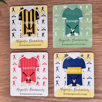 Show your county pride with this personalised hurling jersey magnetic bookmark. Choose your county colours and add any name &amp; number. Handmade in Ireland &mdash; perfect for GAA fans, kids, teachers and stocking fillers.