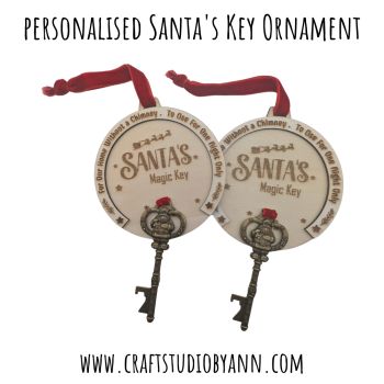 A beautifully engraved wooden ornament with a vintage key, personalised with your chosen name or text. Perfect for homes without a chimney and a magical addition to Christmas Eve traditions.