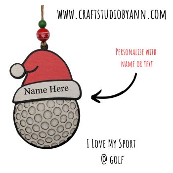 A personalised wooden golf-themed Christmas ornament with a Santa hat and custom name. A perfect festive gift for golf lovers.