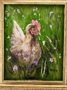 This original chicken art is handpainted on oil paper 10" x 8". The small farm animal painting is painted with high-quality oil paints on a green background, Framed