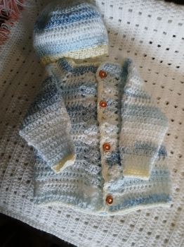 Multicolour blue cardigan and matching hat for 3-6 mth.