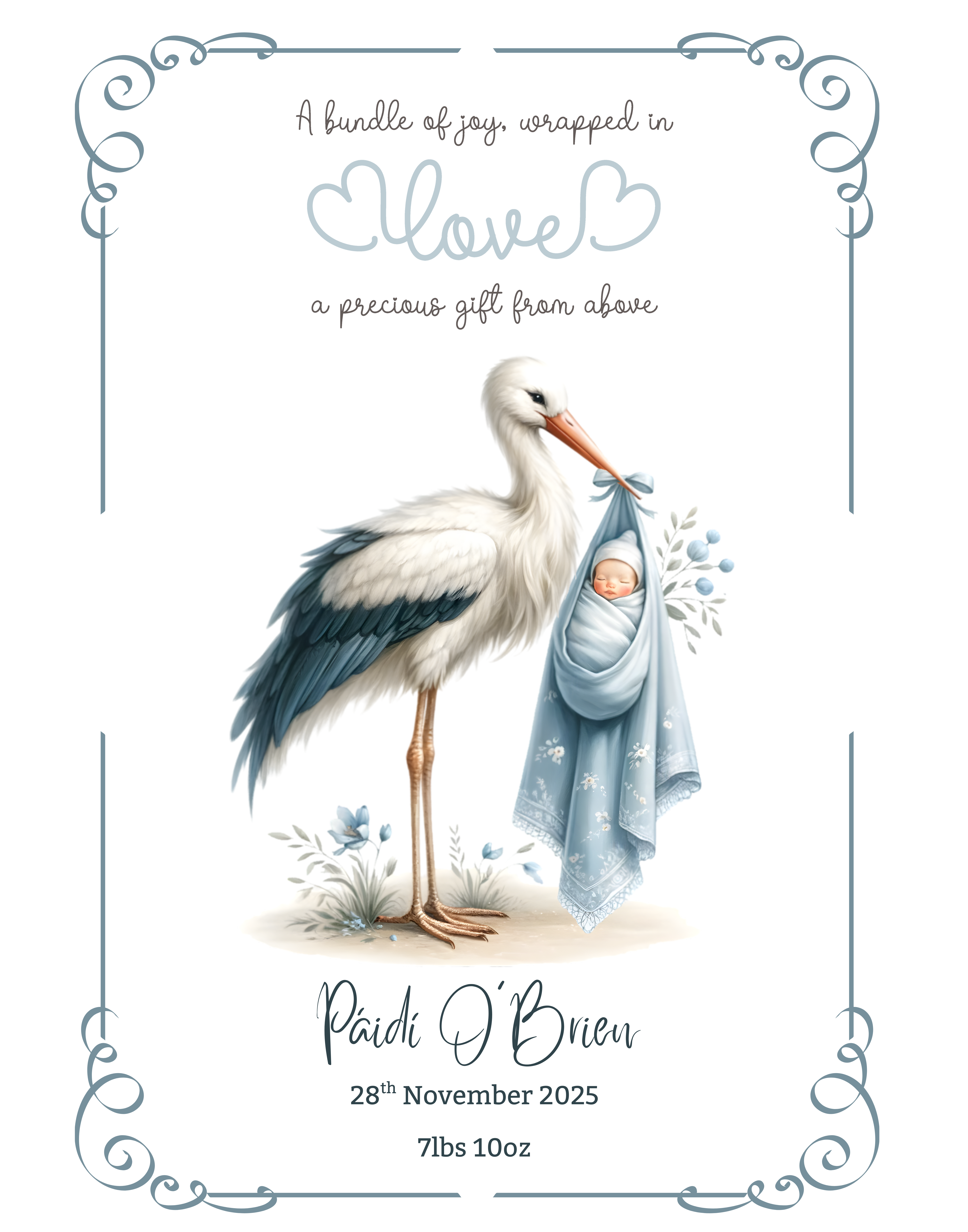 THE STORKA personalized, handmade new baby card, available in&nbsp;pink or blue. Each card includes&nbsp;custom details of the new arrival&nbsp;and features&nbsp;pretty glitter accents for a special finishing touch. Perfect for celebrating a sweet new beginning. 🍼✨