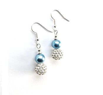 Handmade earrings, created with sparkly shamballa beads, glass pearls in blue, silver plated beads and ear hooks (ear hooks are nickel free). . Lightweight, sparkly and elegant&hellip;.They arrive in a pretty organza bag, and have free shipping!